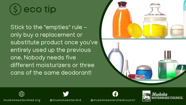 Stick to the "empties" rule - only buy a replacement or substitute product once you've entirely used up the previous one. Nobody needs five different moisturizers or three cans of the same deodorant!