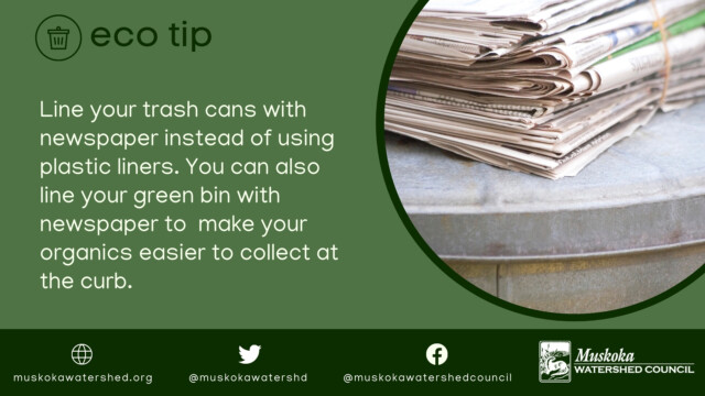 Line your trash cans with newspaper instead of using plastic liners. You can also line your green bin with newspaper to make your organics easier to collect at the curb.